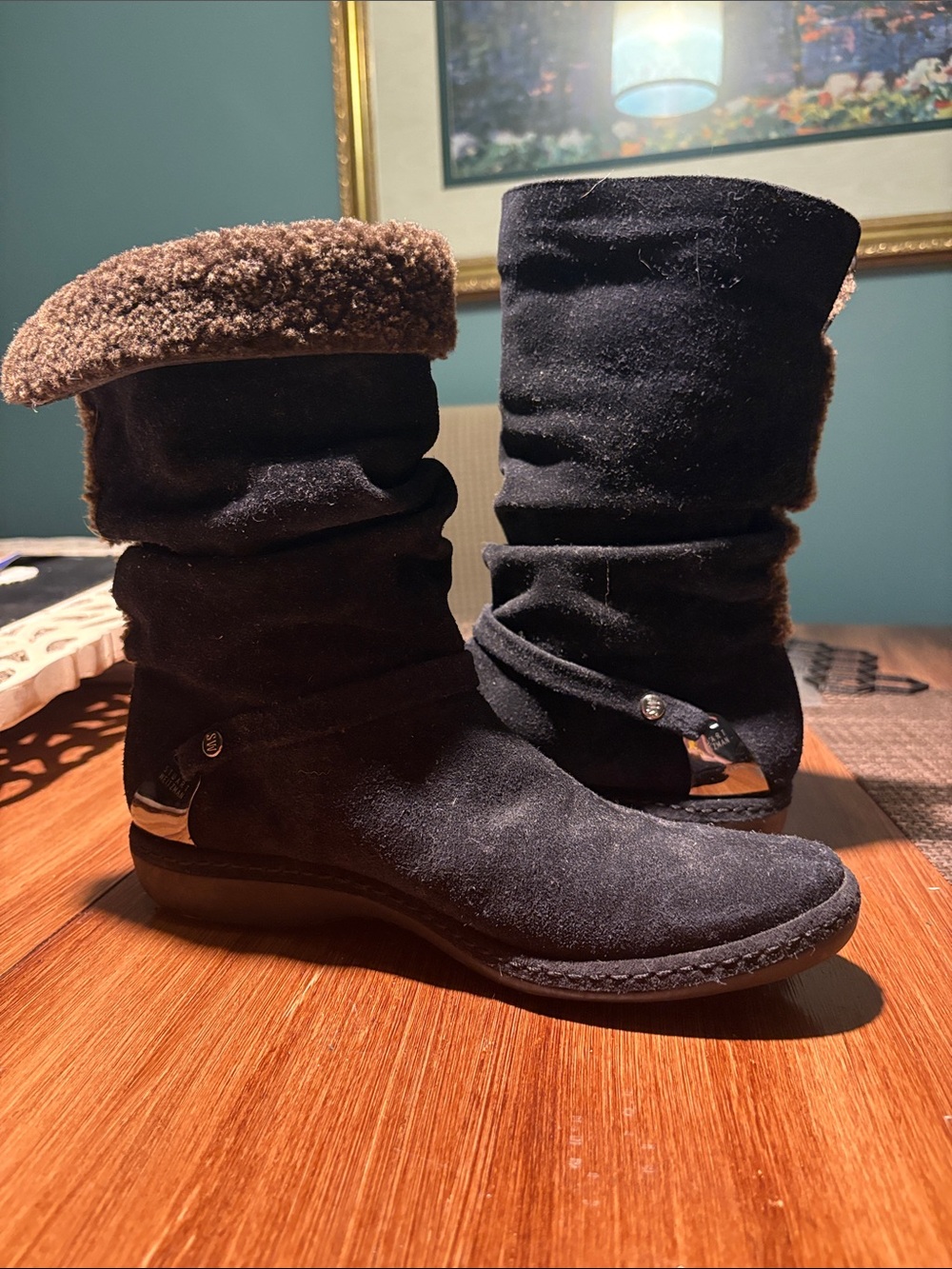 Stuart Weitzman Black Suede Slouch Mid-Calf Boots with Brown Shearling Trim
